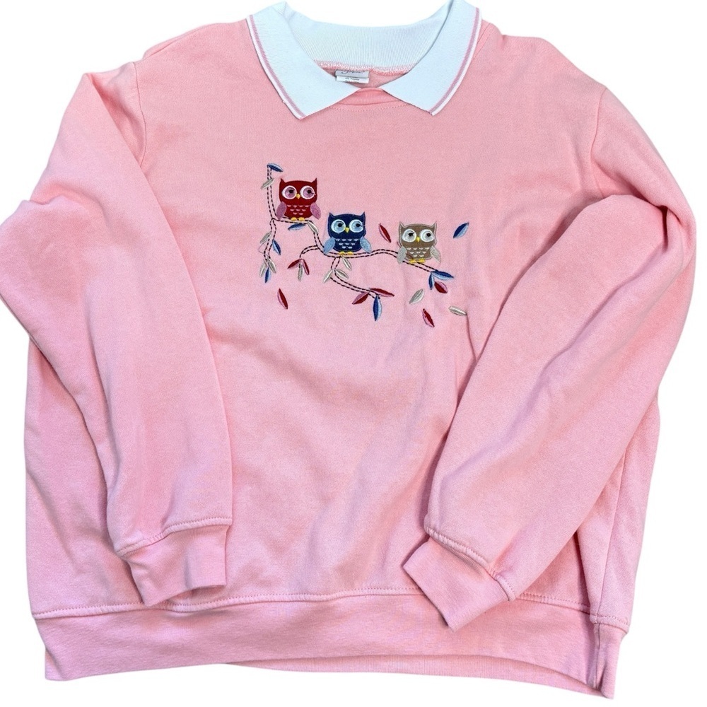 Vintage Adrian Delafield Womens XL Pink Owl Sweatshirt Collared Cottagecore EUC